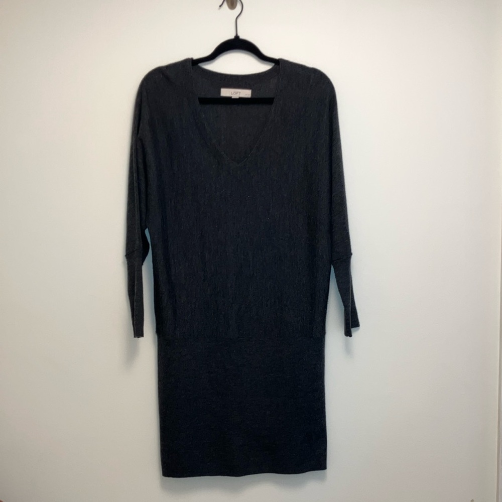LOFT Charcoal Gray V-neck Dolman Sleeve Merino Wool Blend Sweater Dress
